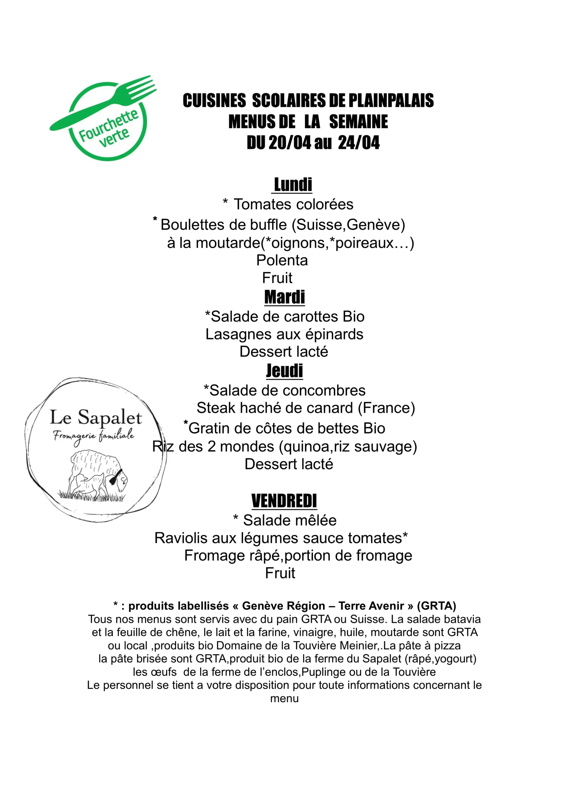 Menu hebdomadaire 20.04 au 24.04.26