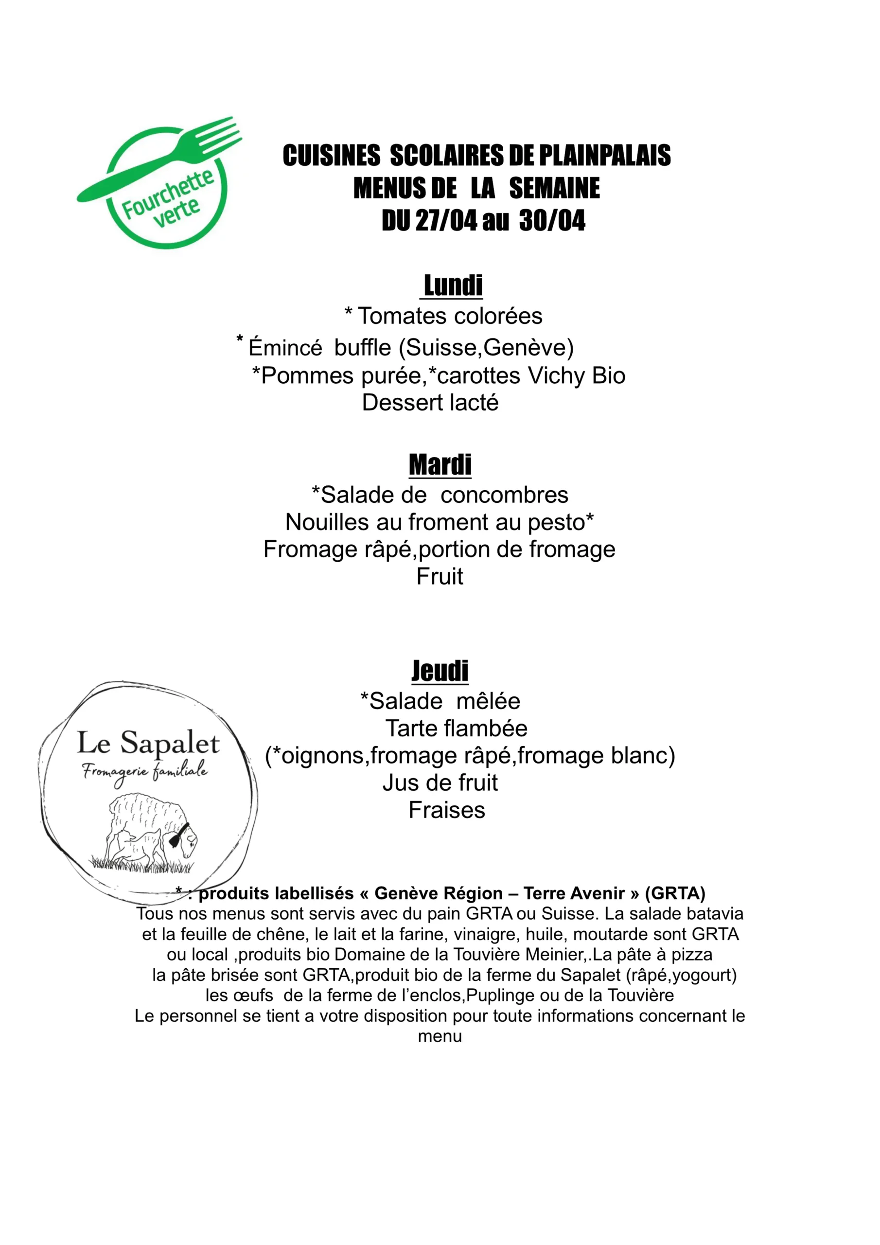 Menu hebdomadaire du 27.04 au 30.04.2026