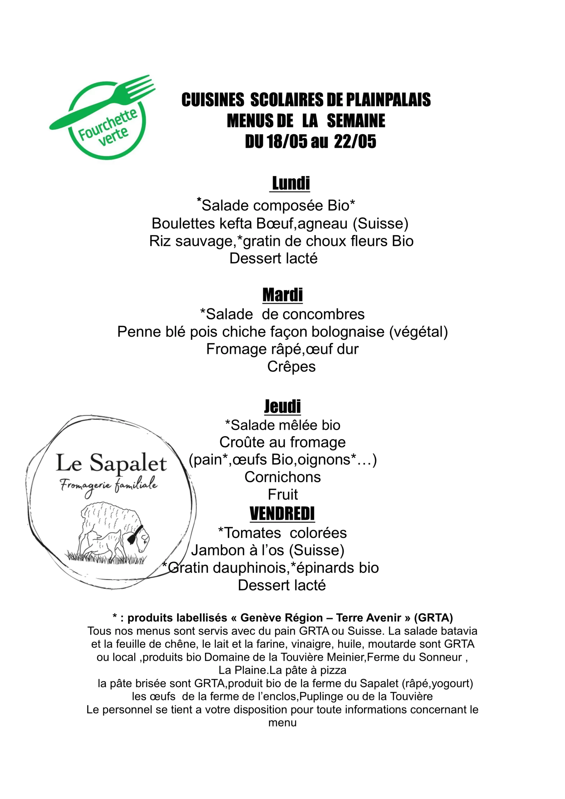 Menu hebdomadaire du 18.05 au 22.05.2026