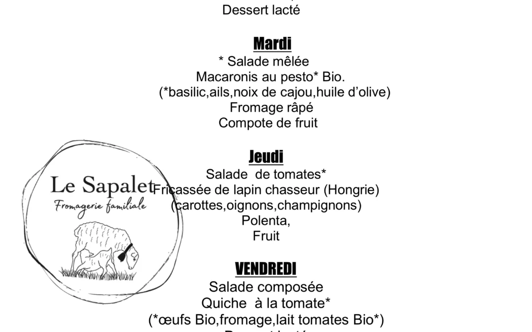 Menu hebdomadaire du 14.09.2026 au 18.09.2026