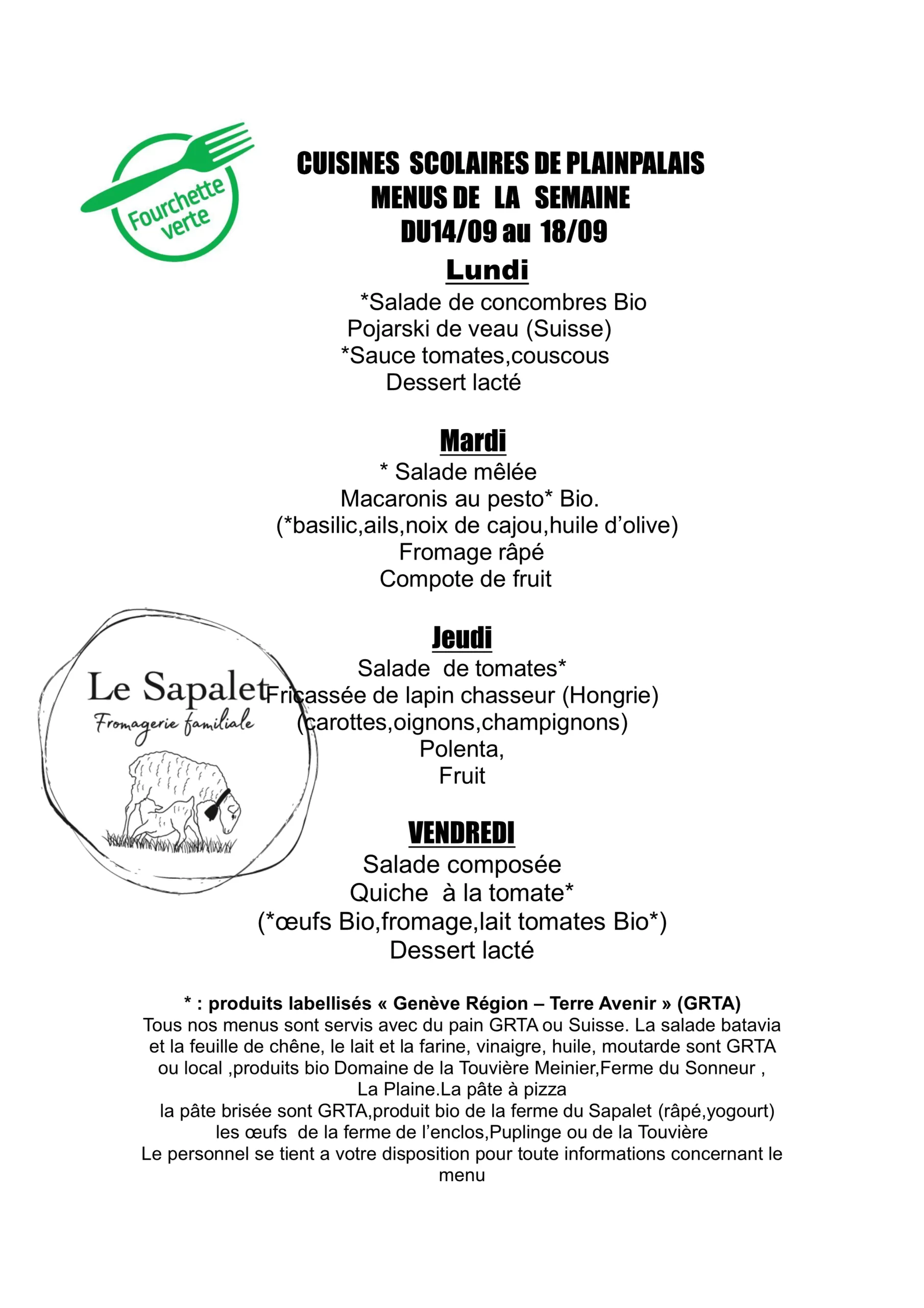 Menu hebdomadaire du 14.09.2026 au 18.09.2026