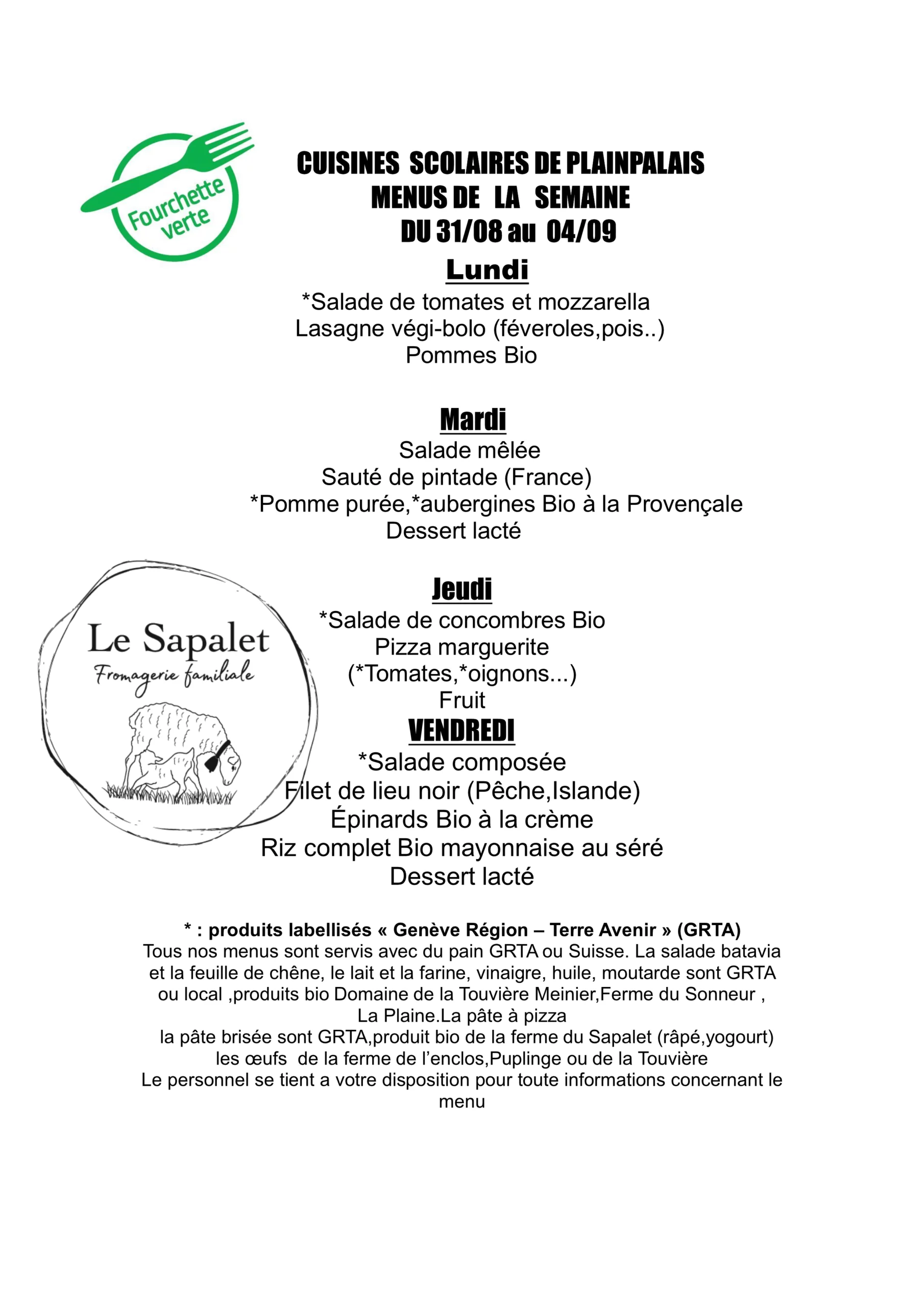 Menu hebdomadaire 31.08.2026 au 04.09.2026