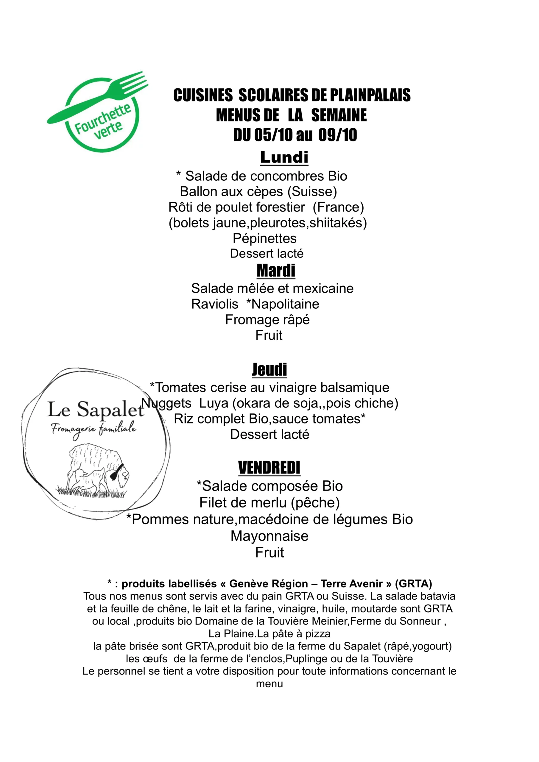 Menu hebdomadaire du 05.10.2026 au 9.10.2026